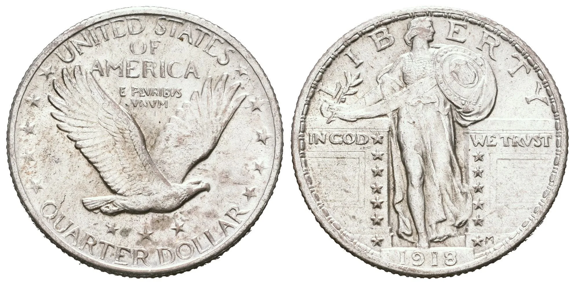 1/4 Dollar 1918, KM.145, pěkná zachovalost, patina, zbytky lesku, rysky — 1