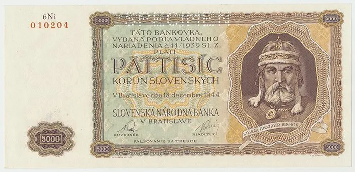 Slovensko, 5000 Koruna 1944, nevydaná, perf. 1x SPECIMEN, Hej.N3.S1, v případě konkrétní série je foto pouze ilustrační