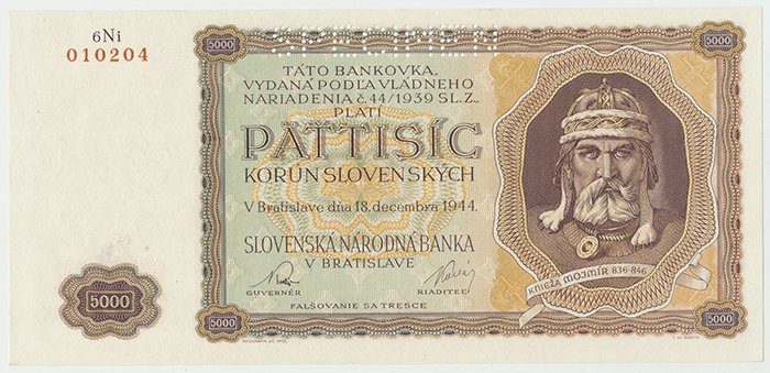 Slovensko, 5000 Koruna 1944, nevydaná, perf. 1x SPECIMEN, Hej.N3.S1, v případě konkrétní série je foto pouze ilustrační