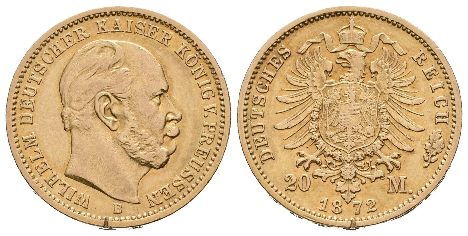 20 Marka 1872 B, J.243B, pěkná zachovalost, patina, rysky a hranka — 1
