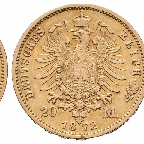 20 Marka 1872 B, J.243B, pěkná zachovalost, patina, rysky a hranka