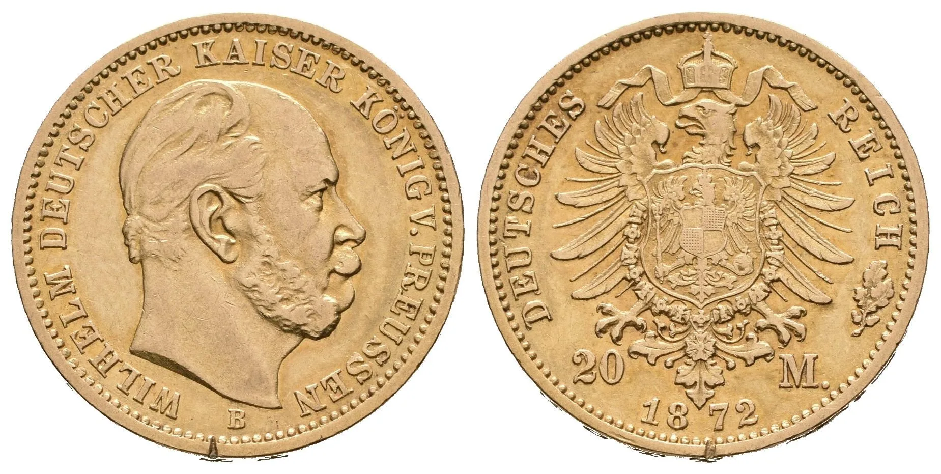 20 Marka 1872 B, J.243B, pěkná zachovalost, patina, rysky a hranka — 1