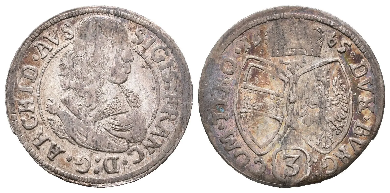 3 Krejcar 1665, Hall, KM.851, patina, zbytky lesku, starý sáček — 1