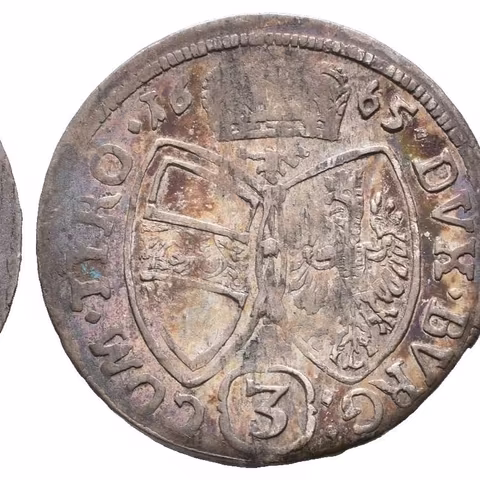 3 Krejcar 1665, Hall, KM.851, patina, zbytky lesku, starý sáček