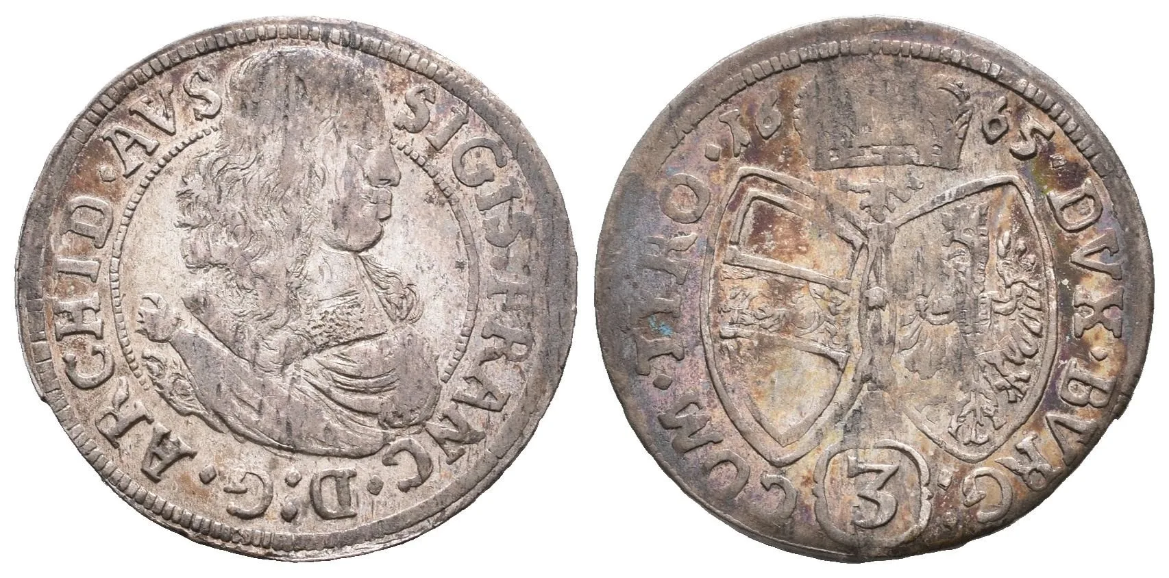 3 Krejcar 1665, Hall, KM.851, patina, zbytky lesku, starý sáček — 1