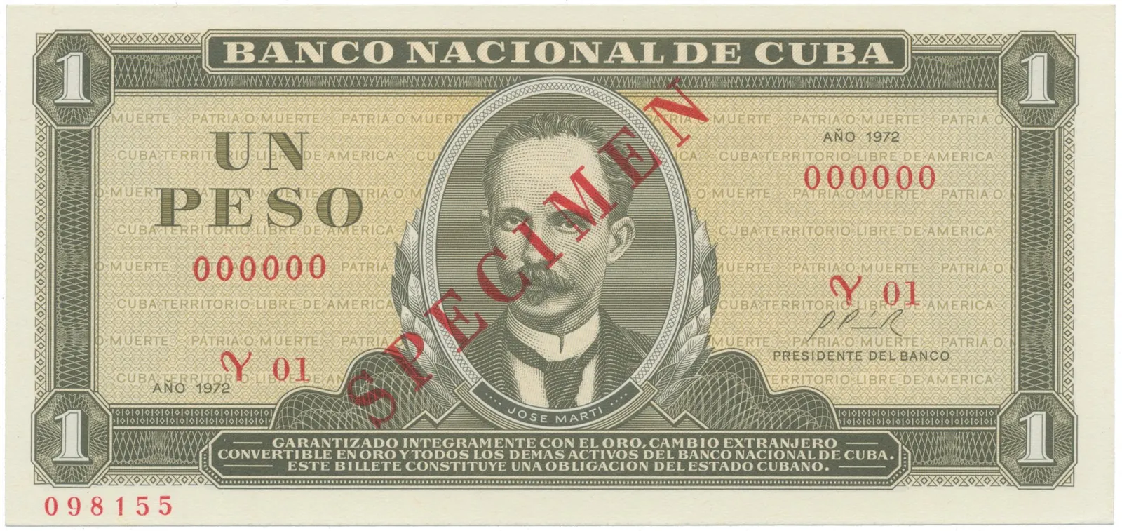 Kuba, 1 Peso 1972, tisk STC Praha, anulát - SPECIMEN, bankovní vzor, P.102as1