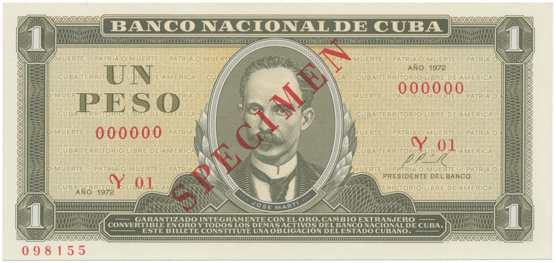 Kuba, 1 Peso 1972, tisk STC Praha, anulát - SPECIMEN, bankovní vzor, P.102as1