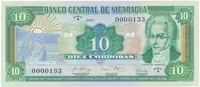 Nikaragua, 10 Cordobas 1990, nízké číslo A 0000133, P.175