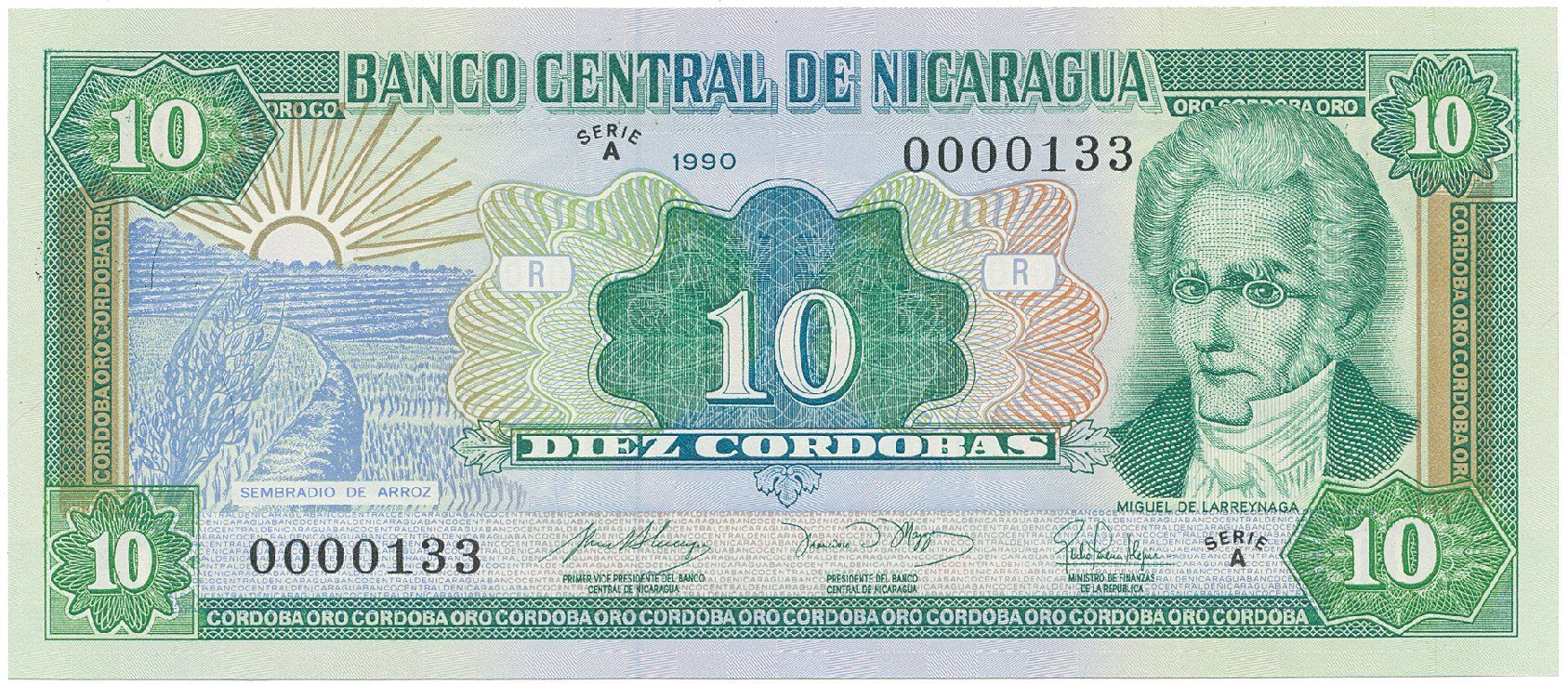 Nikaragua, 10 Cordobas 1990, nízké číslo A 0000133, P.175