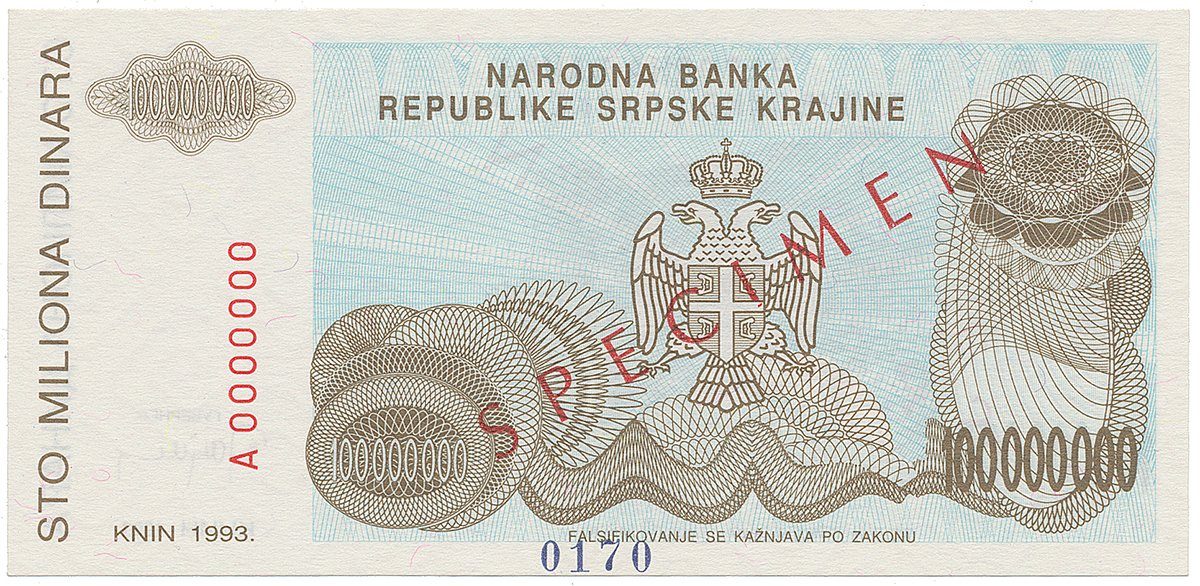 Chorvatsko - Srbská Krajina, 100 Miliona Dinara 1993, bankovní vzor, A 0000000, přet. SPECIMEN, P.R25s
