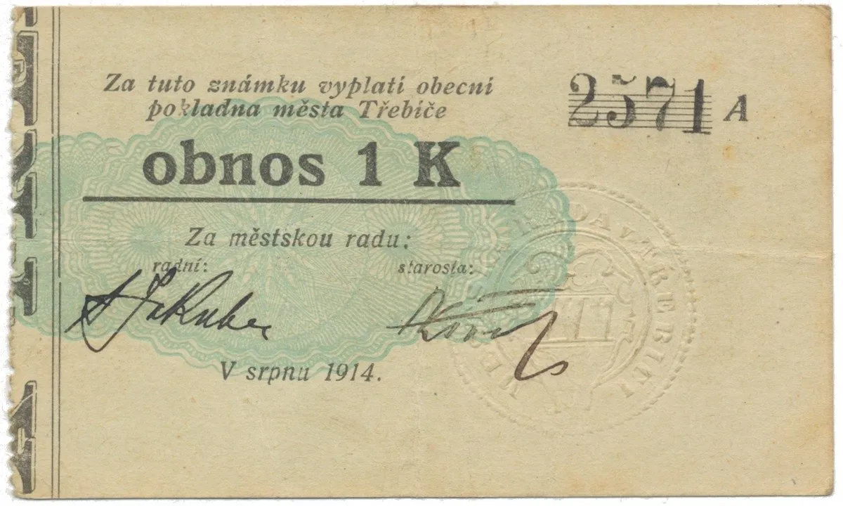 Třebíč - město, 1 K srpen 1914, silnější K, bez "Čís.", HH.223.5.6a2