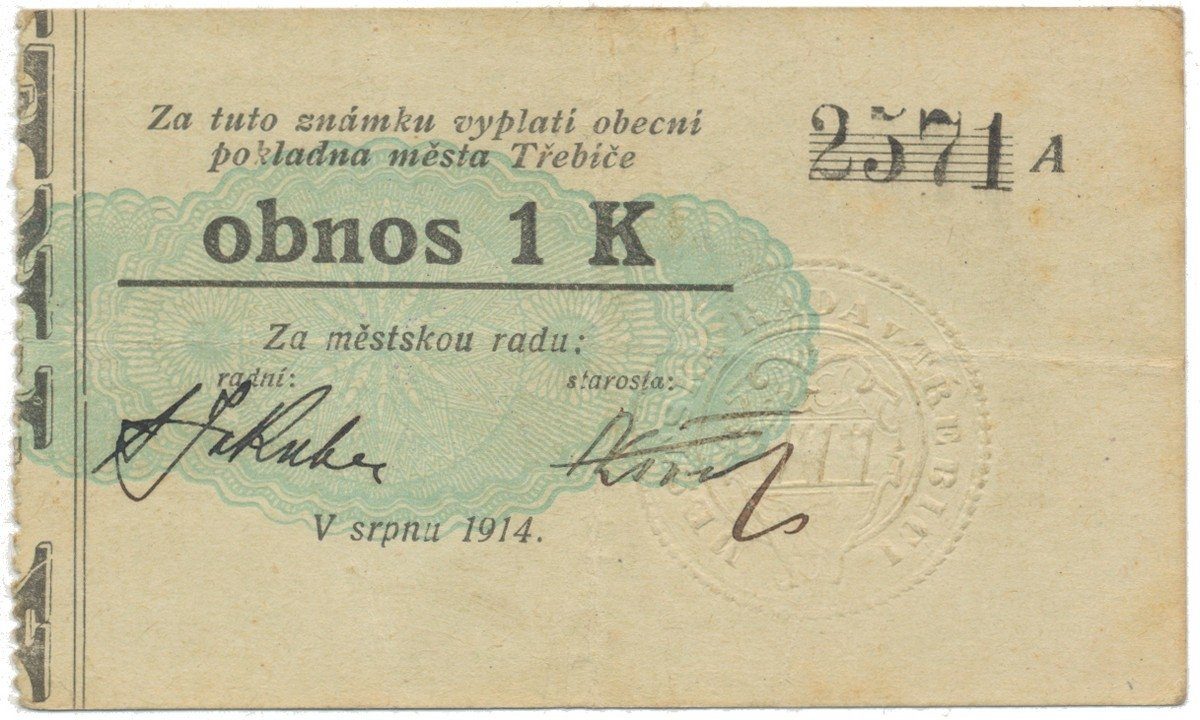 Třebíč - město, 1 K srpen 1914, silnější K, bez "Čís.", HH.223.5.6a2