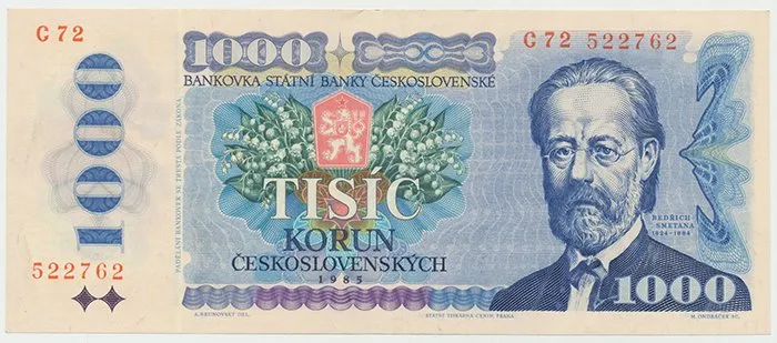 Československo, 1000 Koruna 1985, série C, široké sériové číslo, Hej.106bC