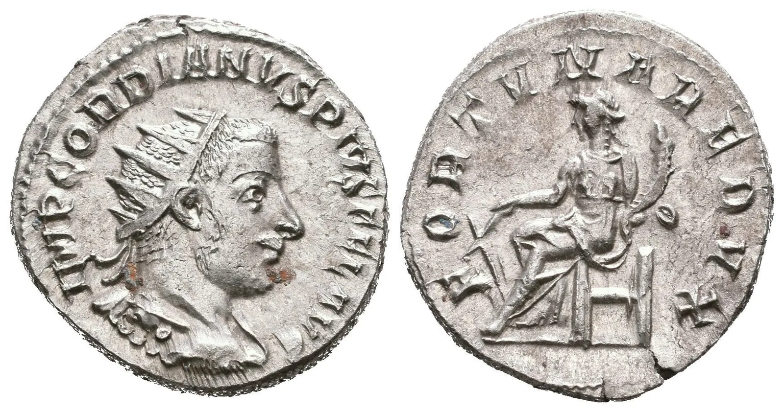 Antoninian, Antiochia, 242 - 244, Rv: FORTVNA REDVX, sedící Fortuna zleva drží — 1