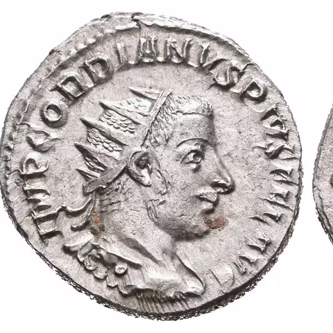 Antoninian, Antiochia, 242 - 244, Rv: FORTVNA REDVX, sedící Fortuna zleva drží