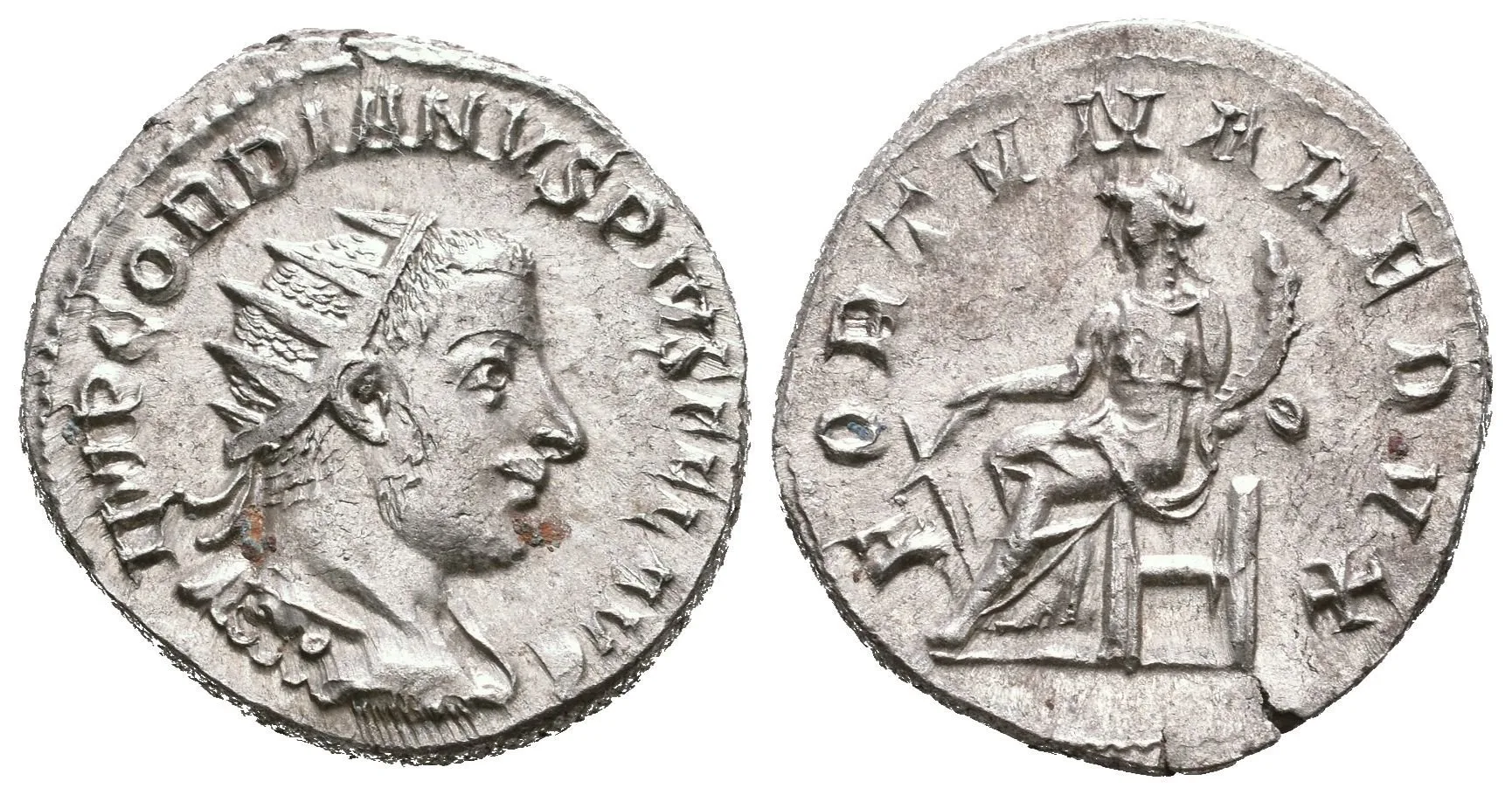 Antoninian, Antiochia, 242 - 244, Rv: FORTVNA REDVX, sedící Fortuna zleva drží — 1