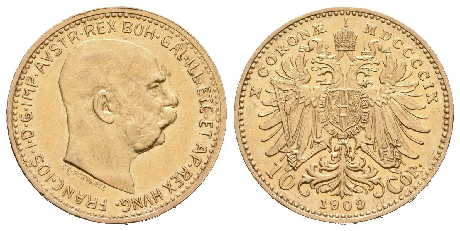 10 Koruna 1909, typ Schwartz, velmi pěkná zachovalost, lesk, drobné rysky — 1