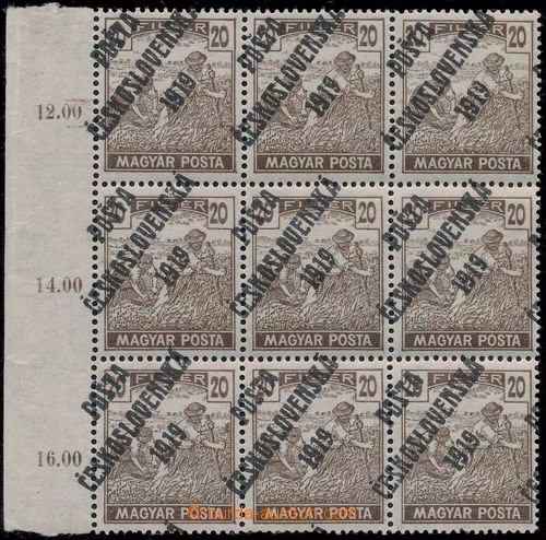 1919 Pof.107a, Ženci - MAGYAR POSTA 20f hnědá, UNIKÁTNÍ KRAJOVÝ 9-BLOK (!), obsahuje všechny 4 typy přetisků ve spojenýc