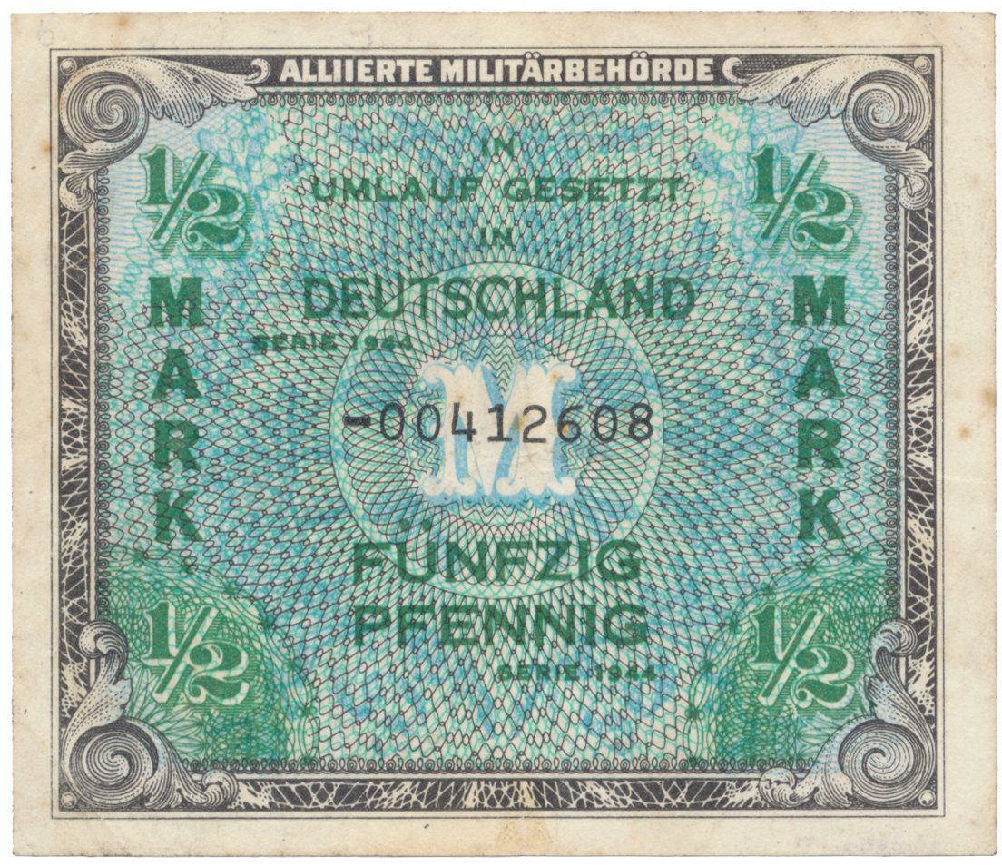 Okupační poukázky Allierte, 1/2 Mark 1944, tisk USA, náhradní 8-místný číslovač, Hej.AM1b