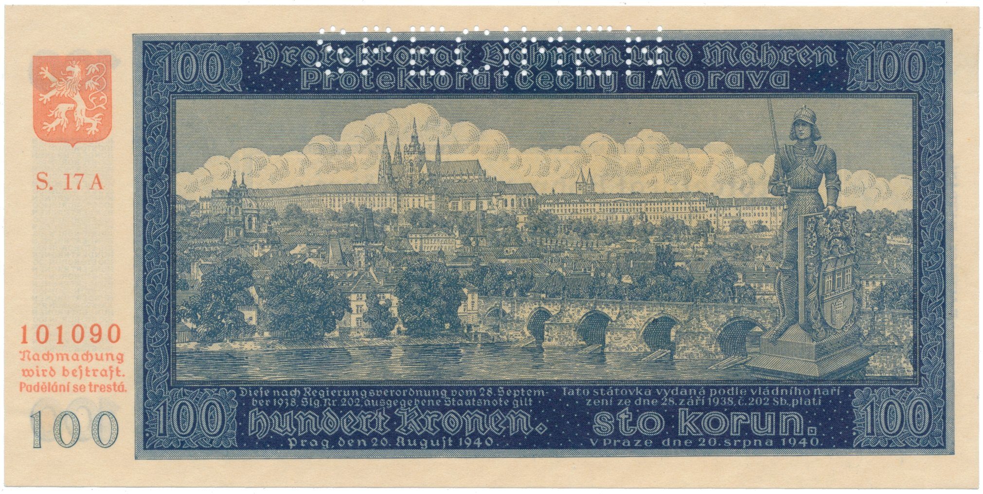 100 Koruna 1940, II. vydání, série A, SPECIMEN, Hej.33a.S1