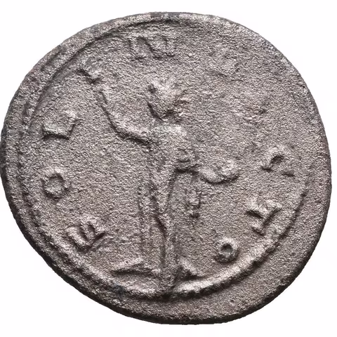 Antoninian, Antiochia, Rv: SOL INVICTO, stojící Sol zleva drží glóbus, má zvednutou
