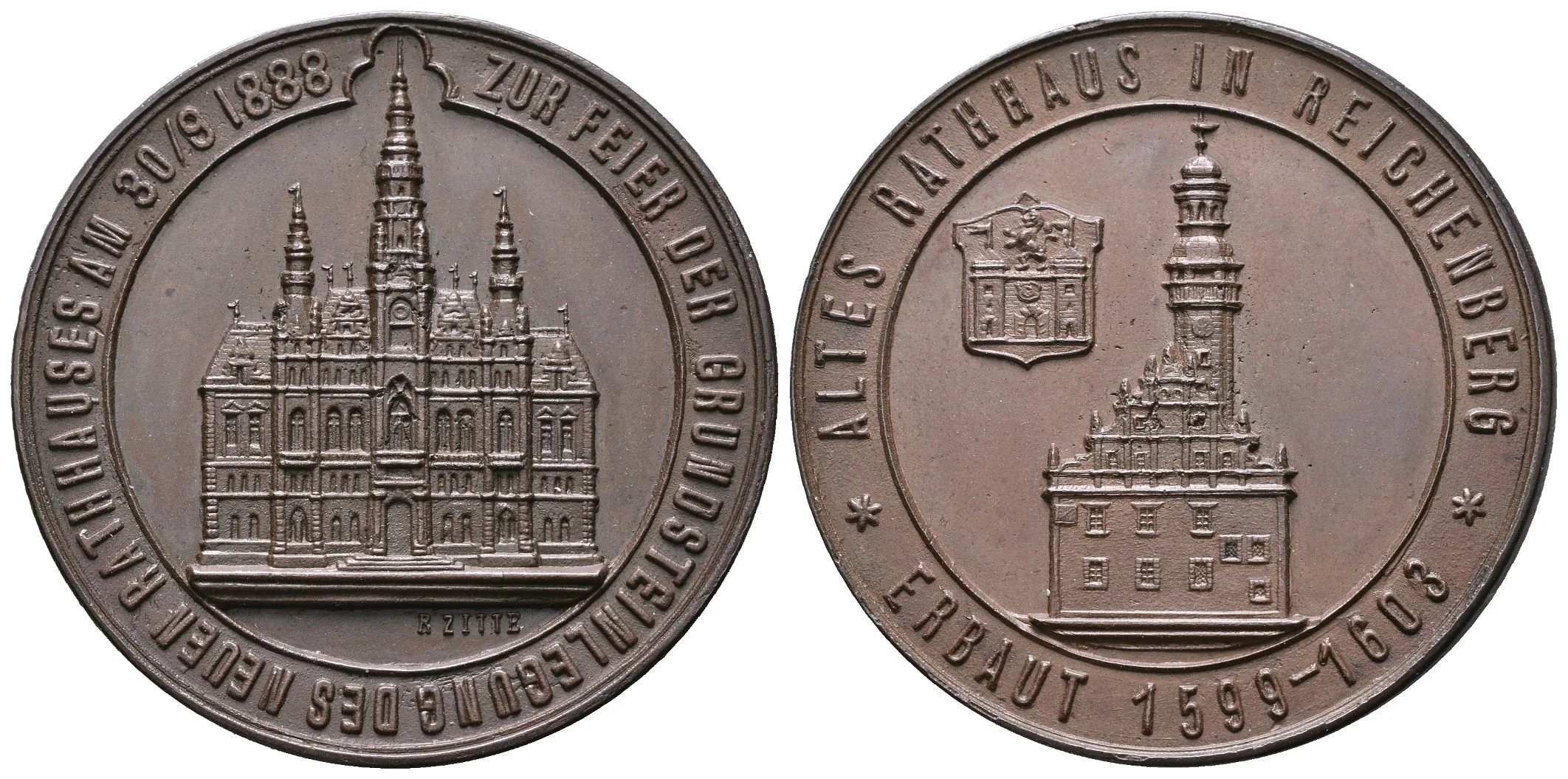 AE Medaile 1888 (R. Zitte) - K otevření nové radnice 30. 9. 1888. Budova — 1