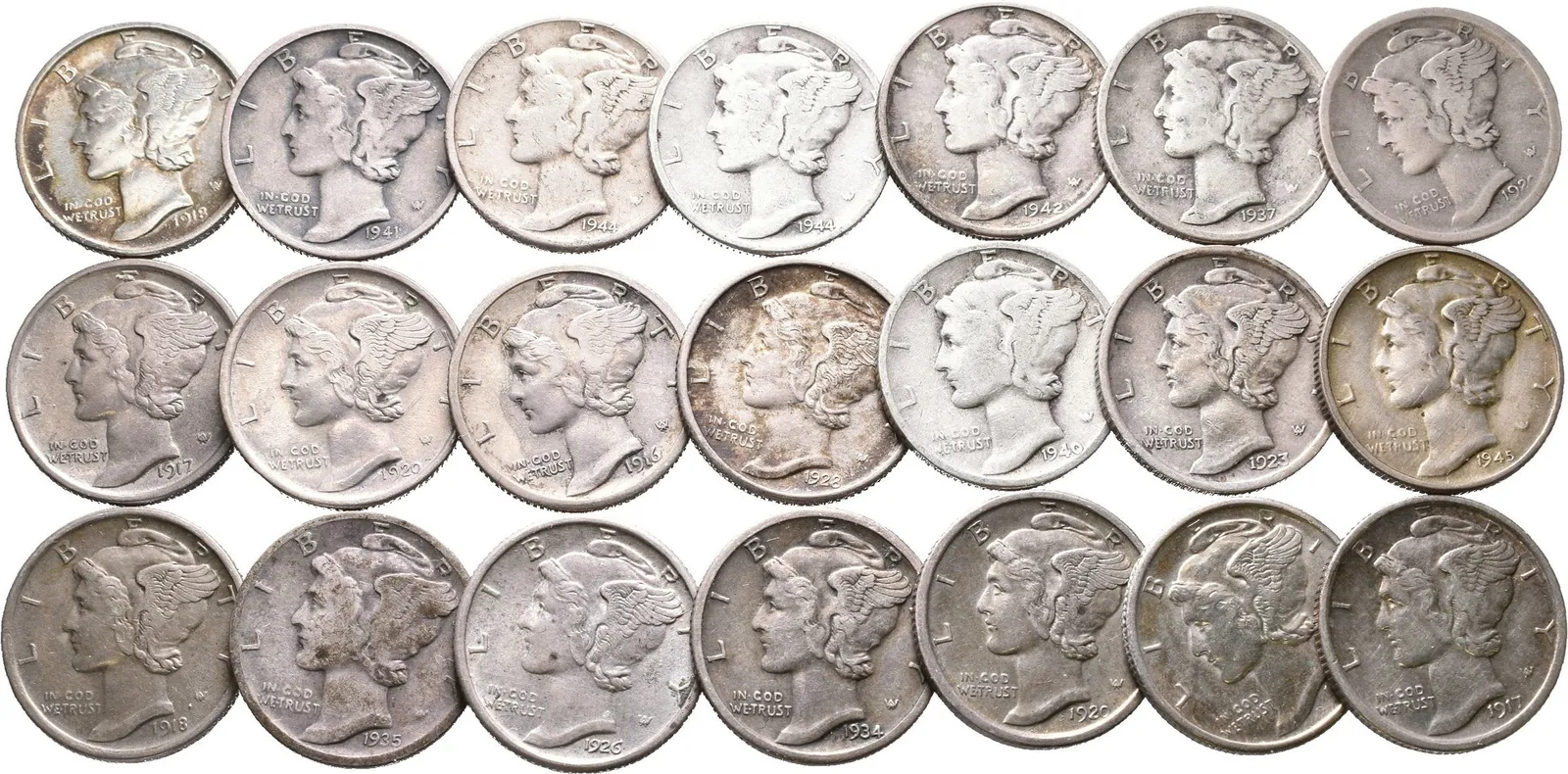 Soubor mincí - Barber Dime 1916 - 1944, různé mincovny, S, D, a bez značky, — 1