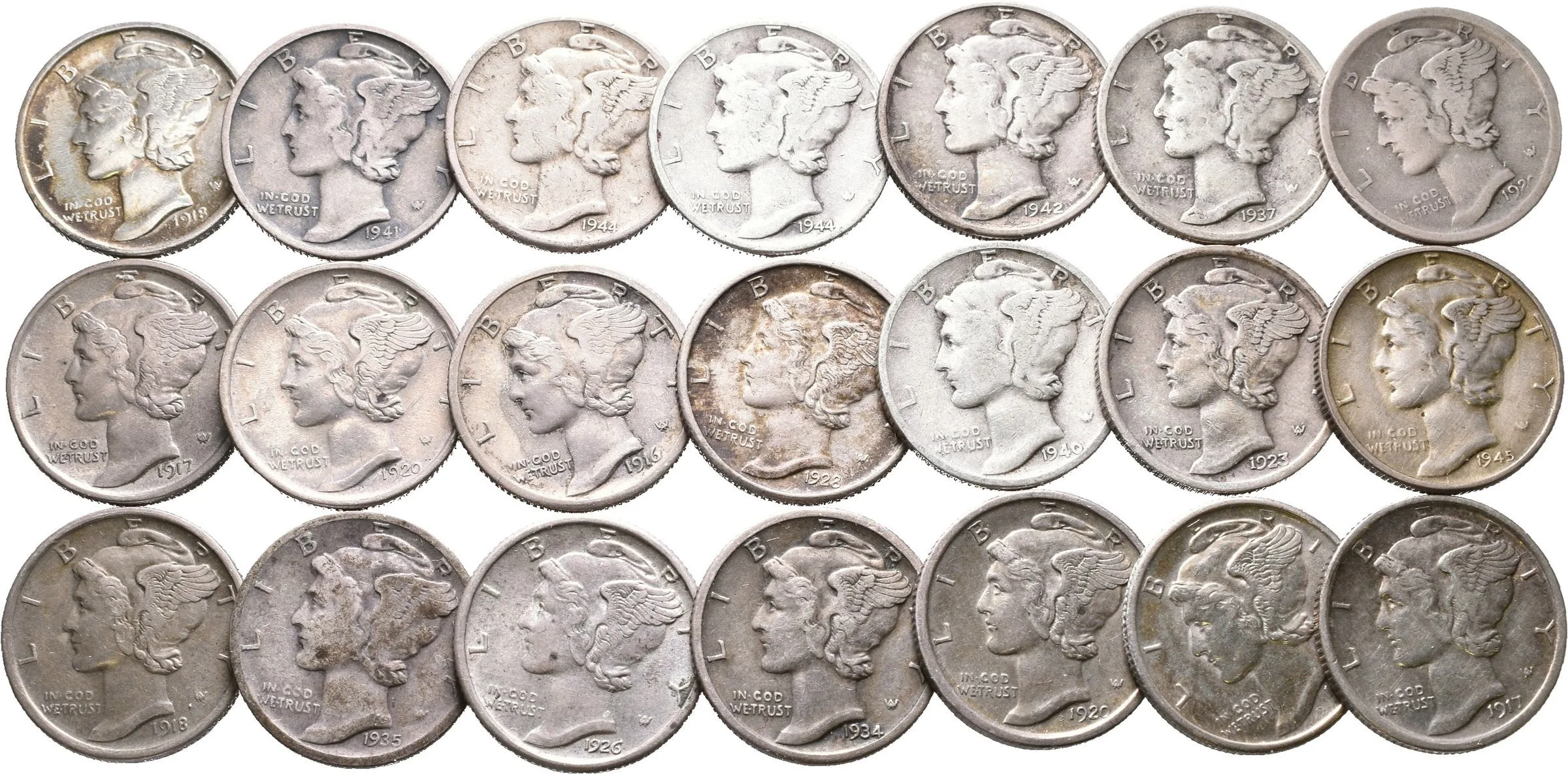 Soubor mincí - Barber Dime 1916 - 1944, různé mincovny, S, D, a bez značky, — 1