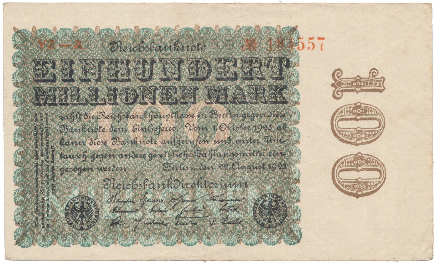 Německo, 100 Millionen Mark 1923, Hakensterne, Ro.106p