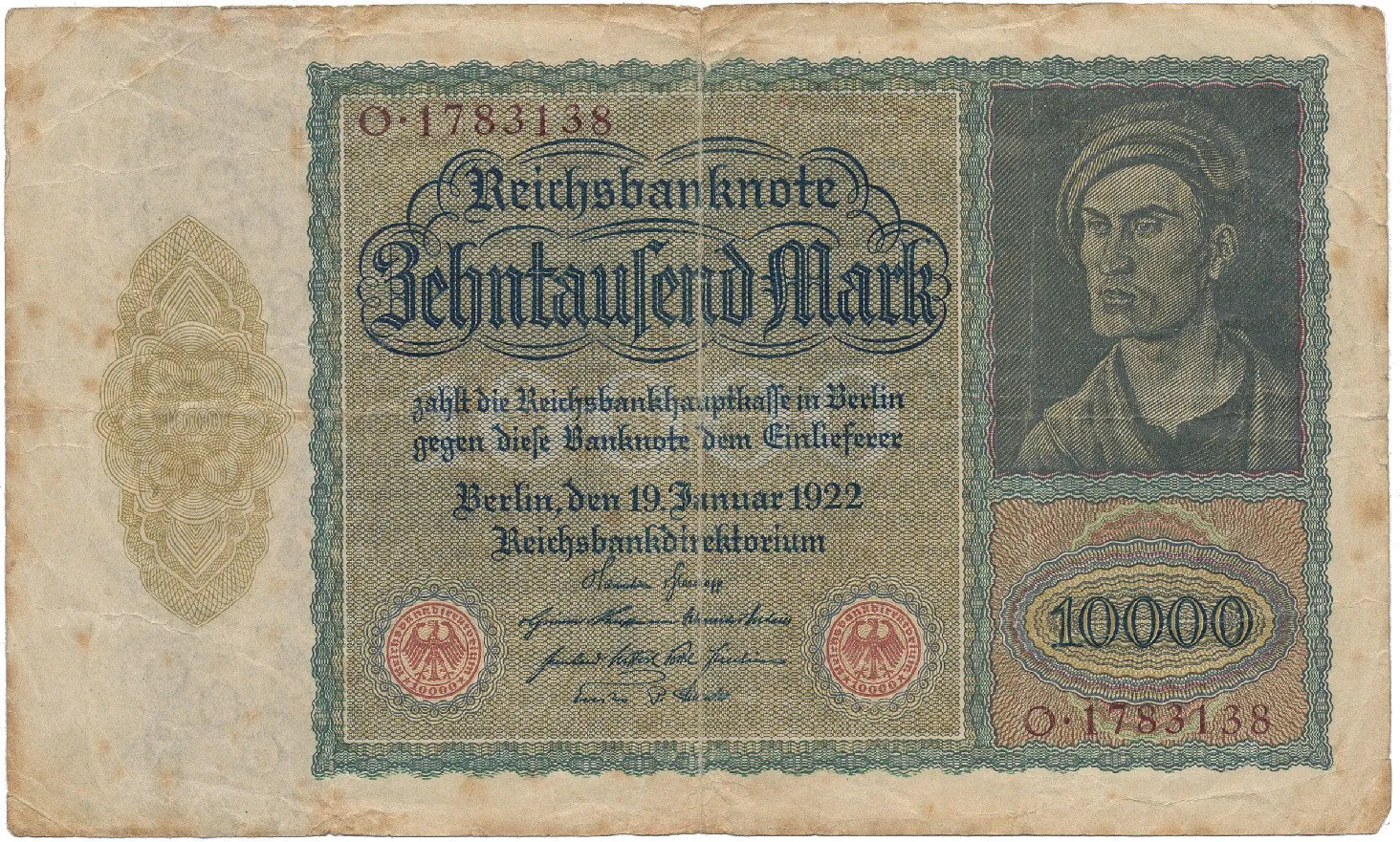 Německo, 10.000 Mark 1922, velký formát, zjednodušený obraz na Rv., Ro.68b