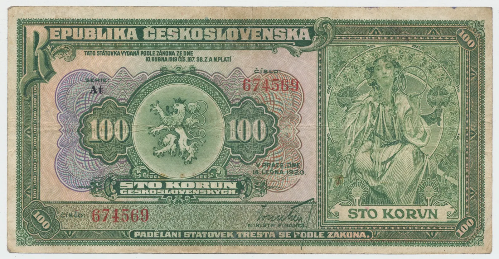 Československo, 100 Koruna 1920, série At, Hej.16b