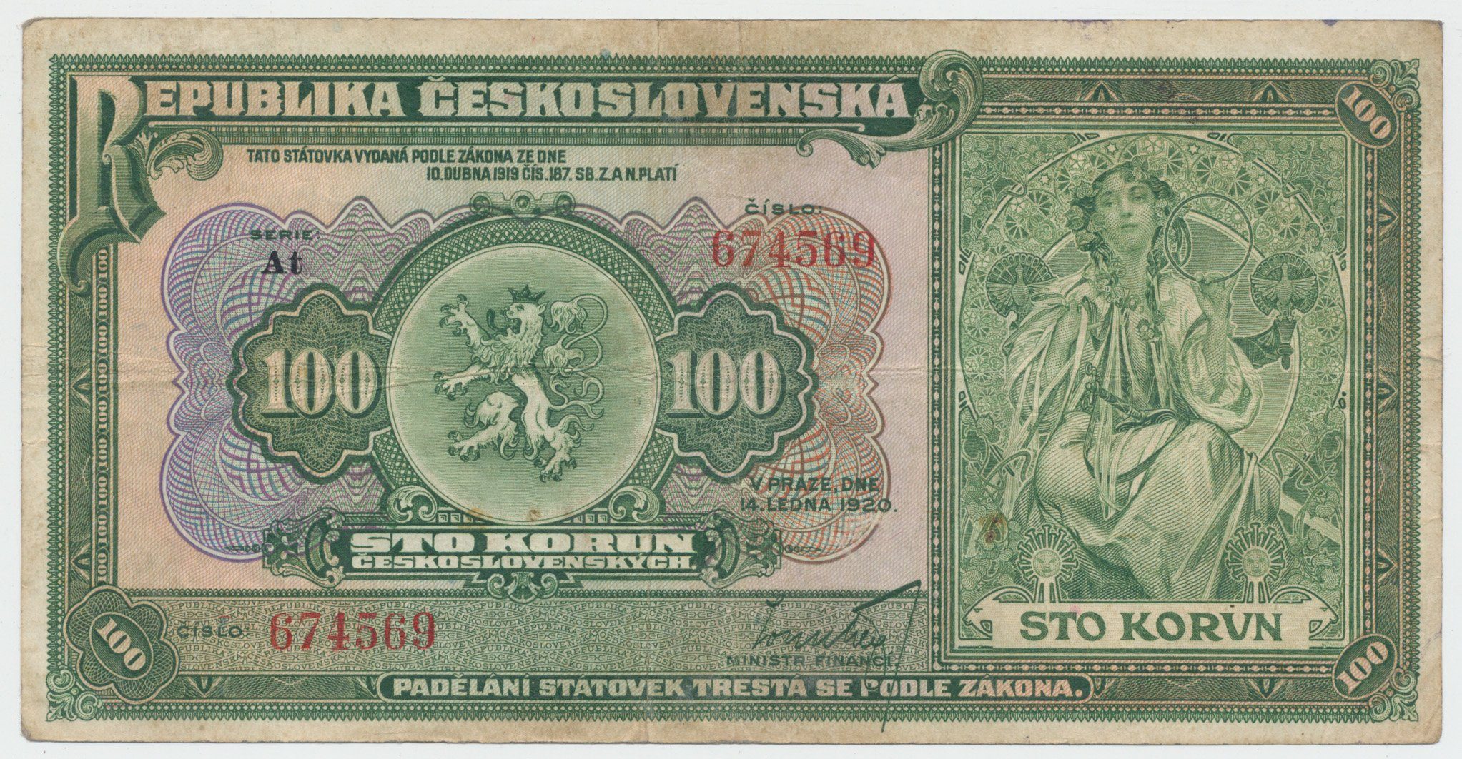 Československo, 100 Koruna 1920, série At, Hej.16b