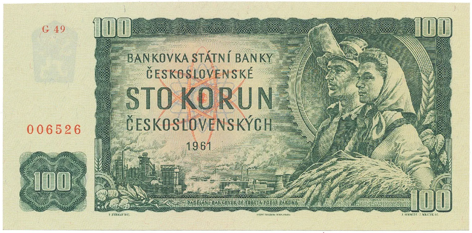 Československo, 100 Koruna 1961, II. vydání, série G, číslovač "secesní nový", Hej.102bG