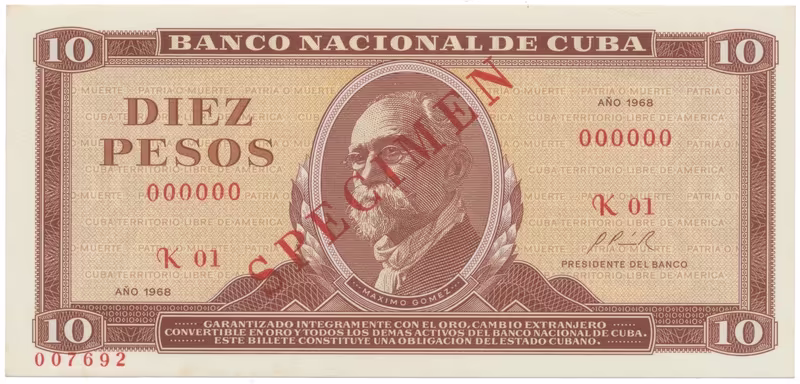 Kuba, 10 Pesos 1968, tisk STC Praha, anulát - SPECIMEN, bankovní vzor, P.104as
