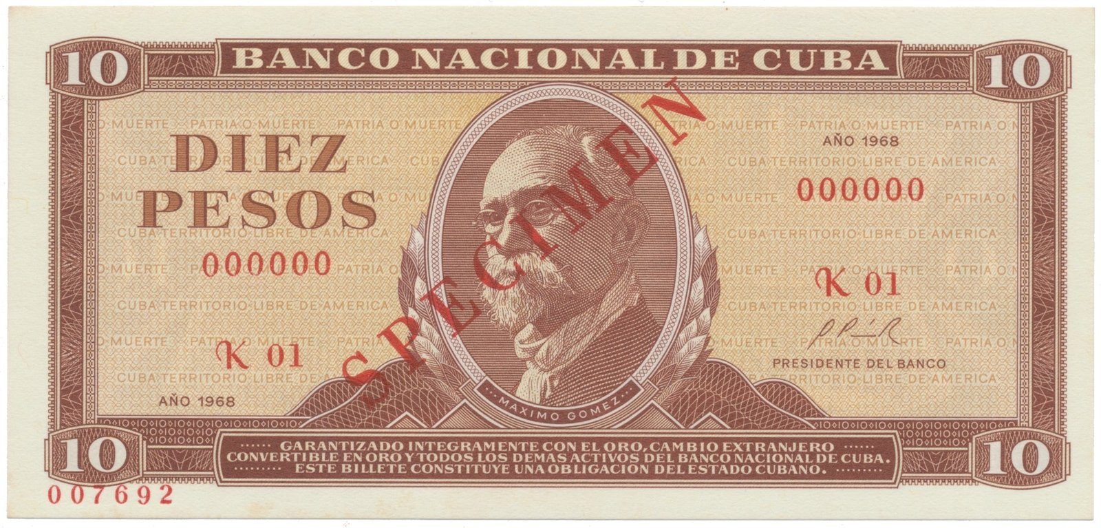 Kuba, 10 Pesos 1968, tisk STC Praha, anulát - SPECIMEN, bankovní vzor, P.104as