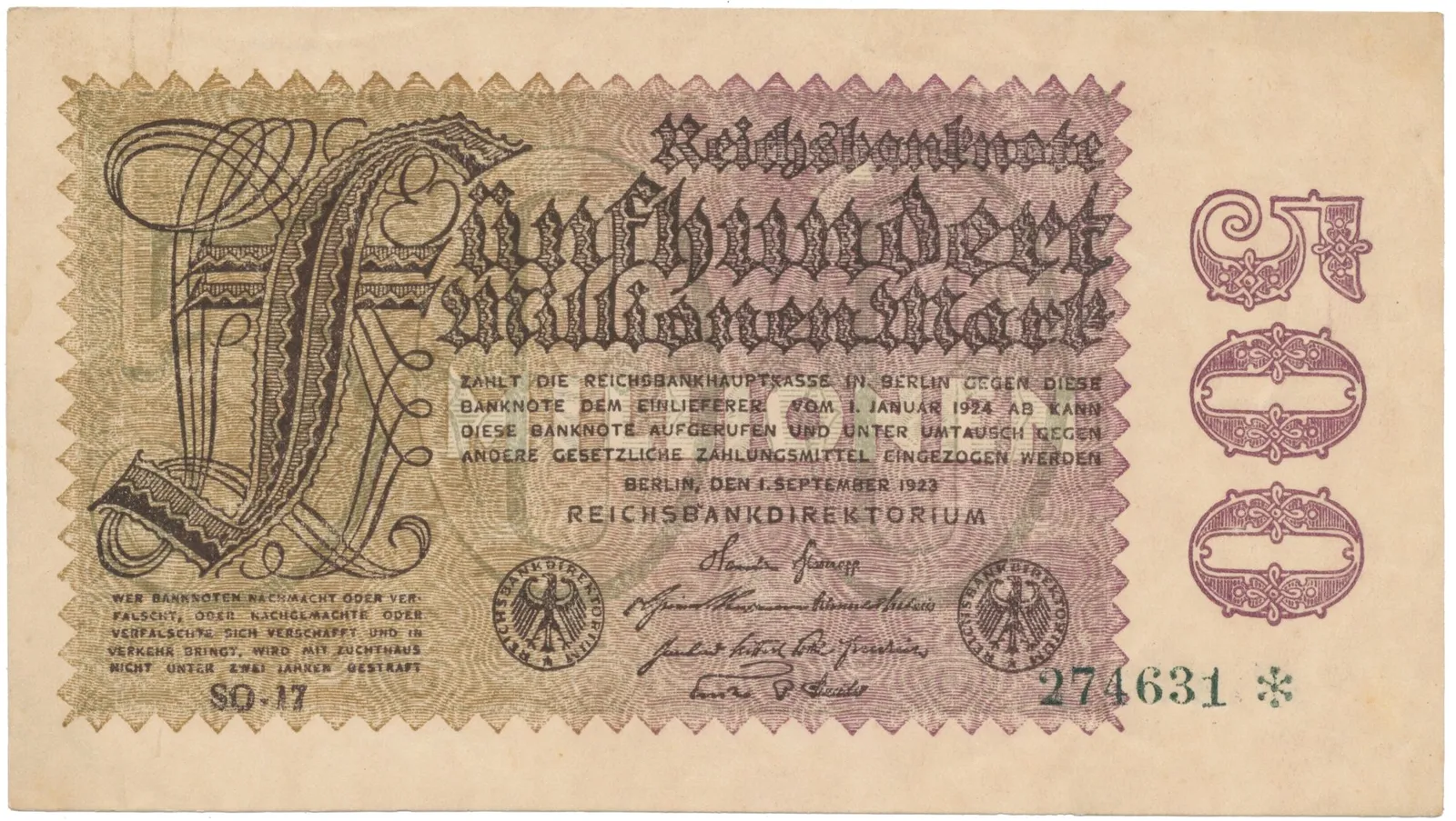 Německo, 500 Millionen Mark 1923, vodoznak Sterne, Ro.109h