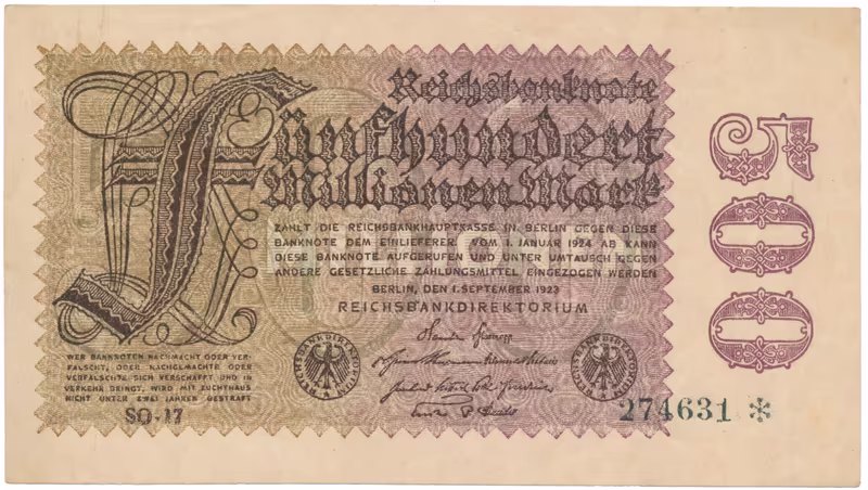 Německo, 500 Millionen Mark 1923, vodoznak Sterne, Ro.109h