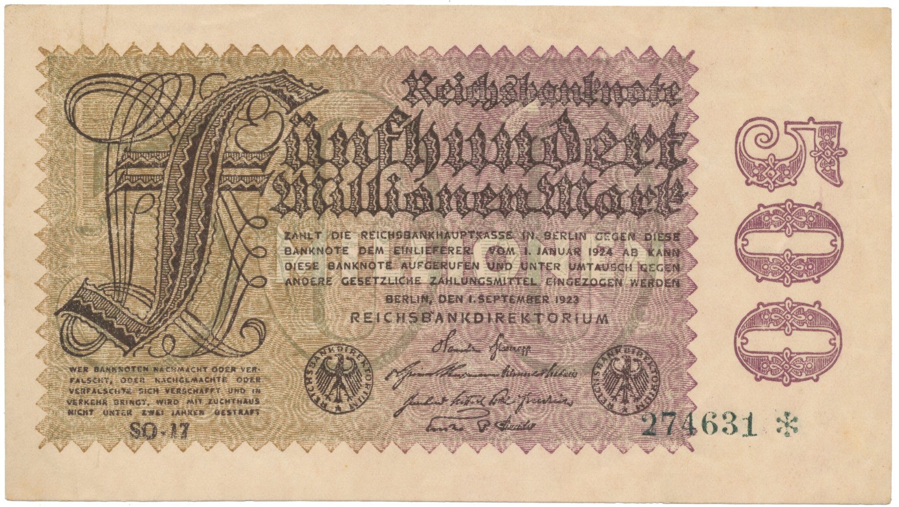Německo, 500 Millionen Mark 1923, vodoznak Sterne, Ro.109h