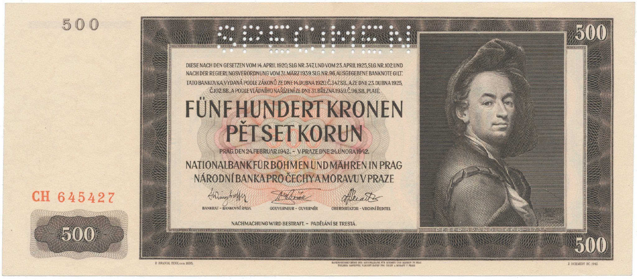 500 Koruna 1942, I. vydání, SPECIMEN, Hej.35a.S1