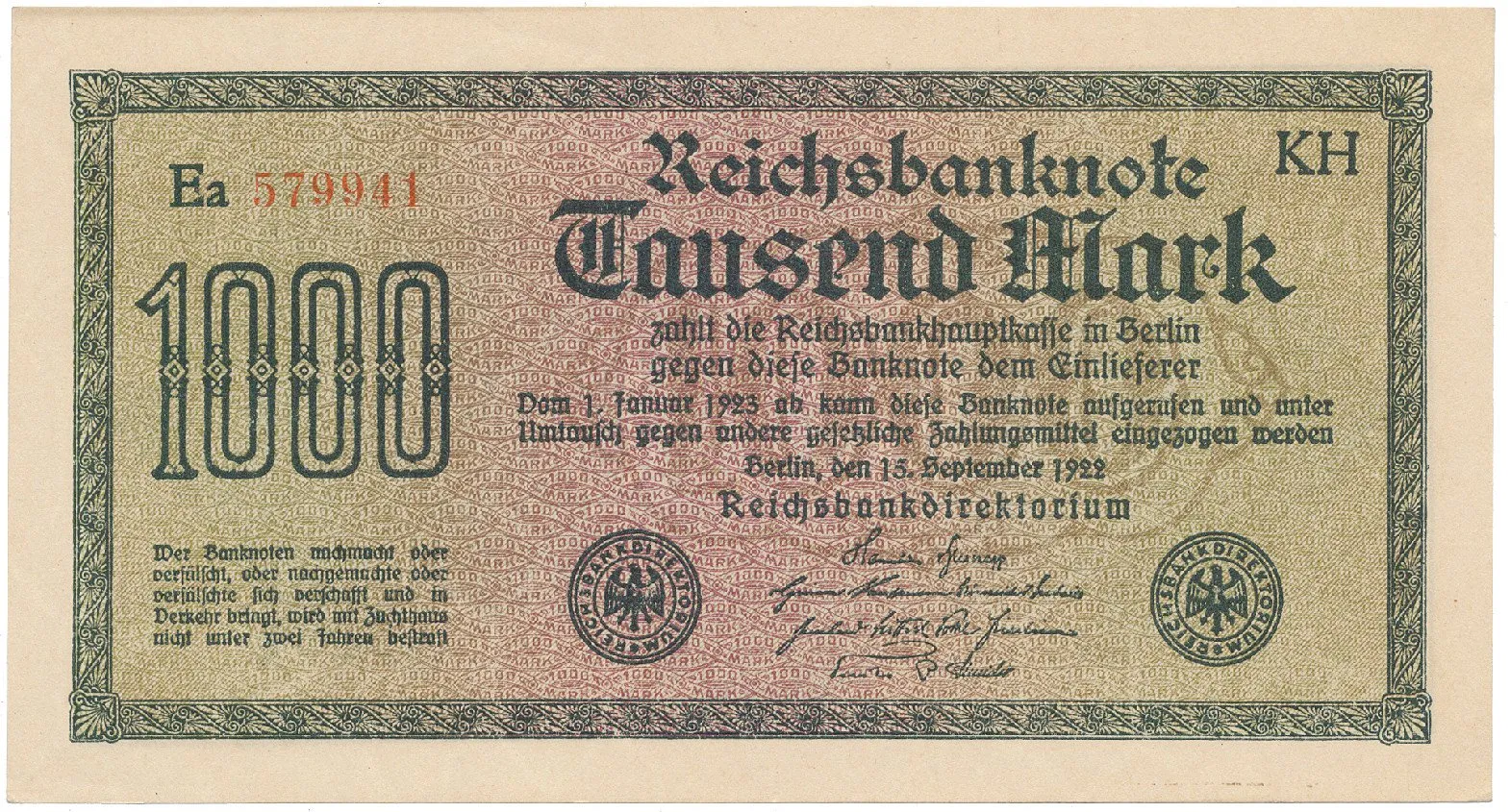Německo, 1000 Mark 1922, vod. Achterstreifen, Ro.75o