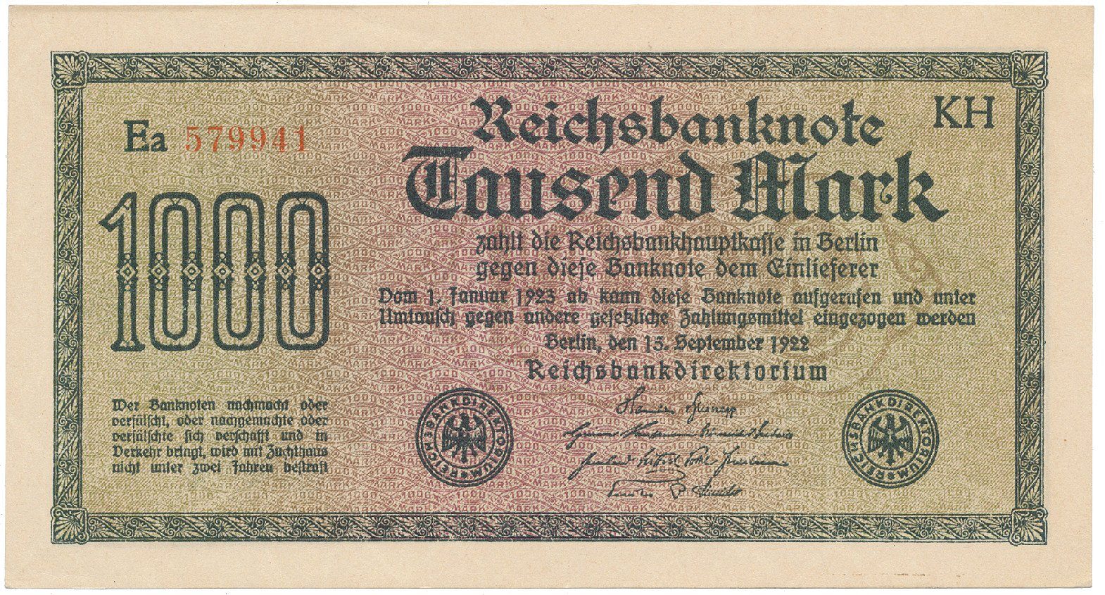Německo, 1000 Mark 1922, vod. Achterstreifen, Ro.75o