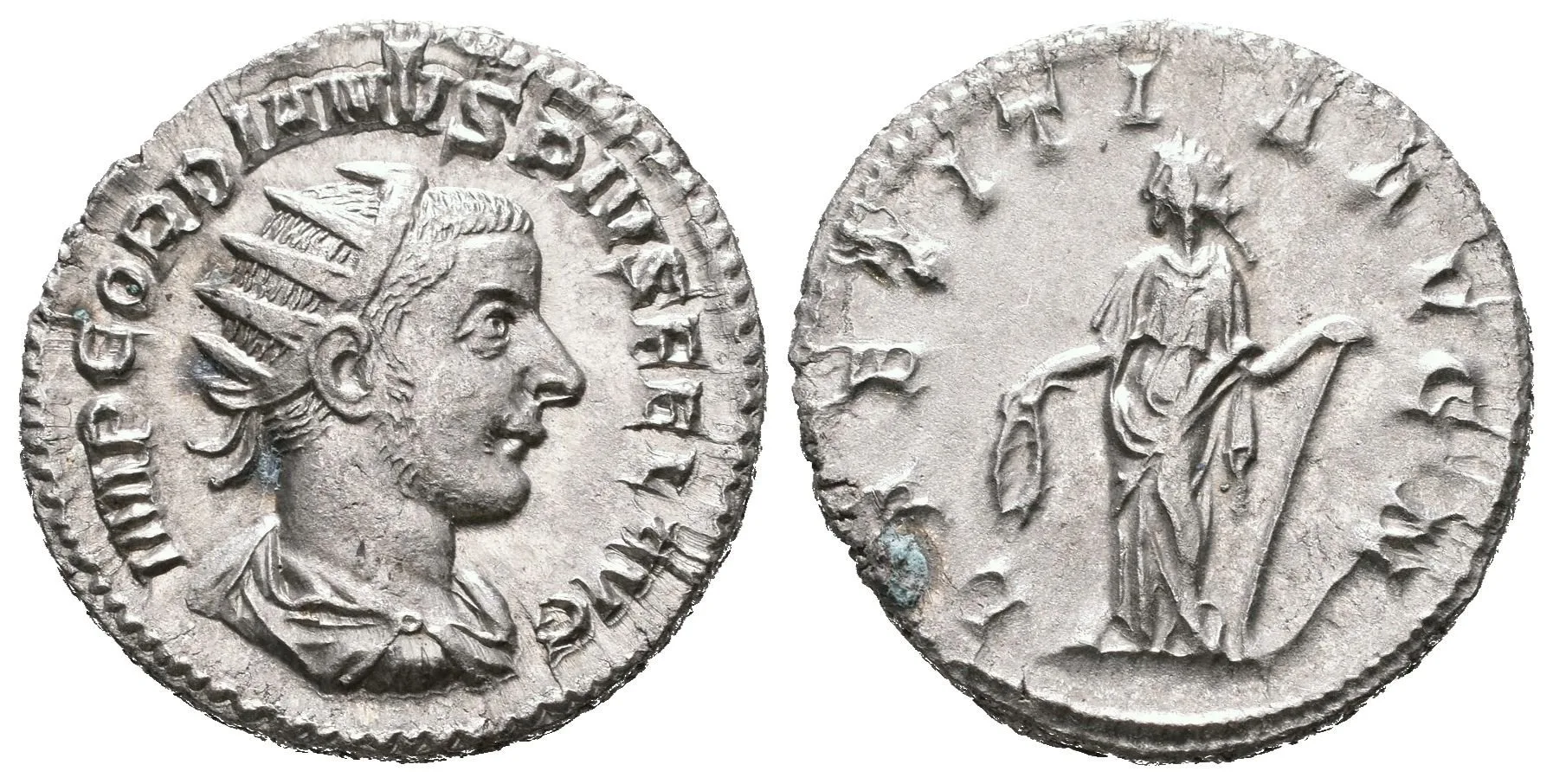 Antoninian, 241 - 243, Rv: LAETITIA AVG N, stojící Laetitia zleva drží věnec a kotvu, — 1