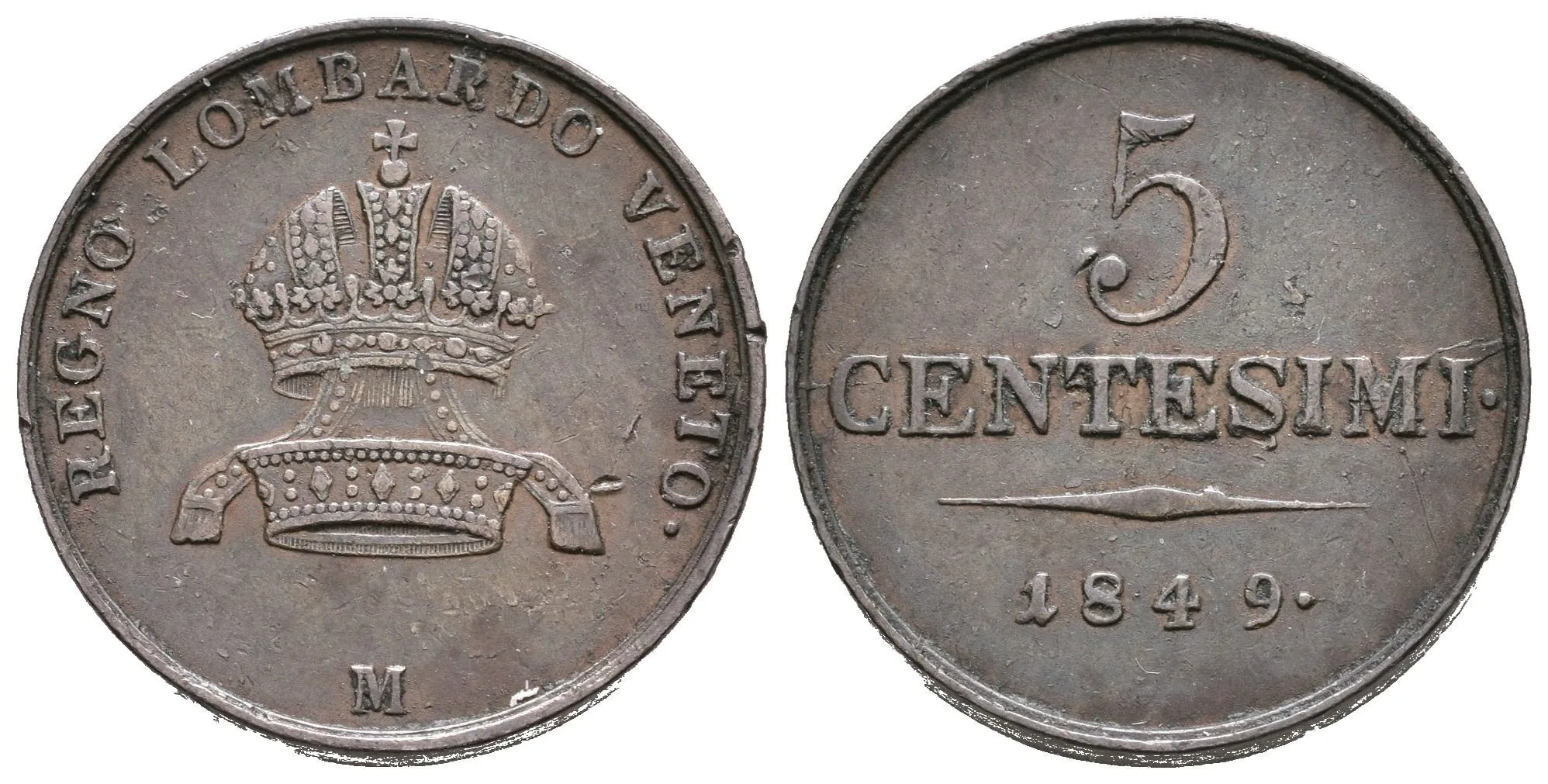 5 Centesimi 1849 M, pěkná zachovalost, patina, rysky a hranky — 1