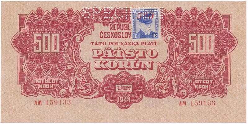 Československo, 500 Koruna 1944/1945, kolkovaná, perf. 1x SPECIMEN nahoře, Hej.67a.S1
