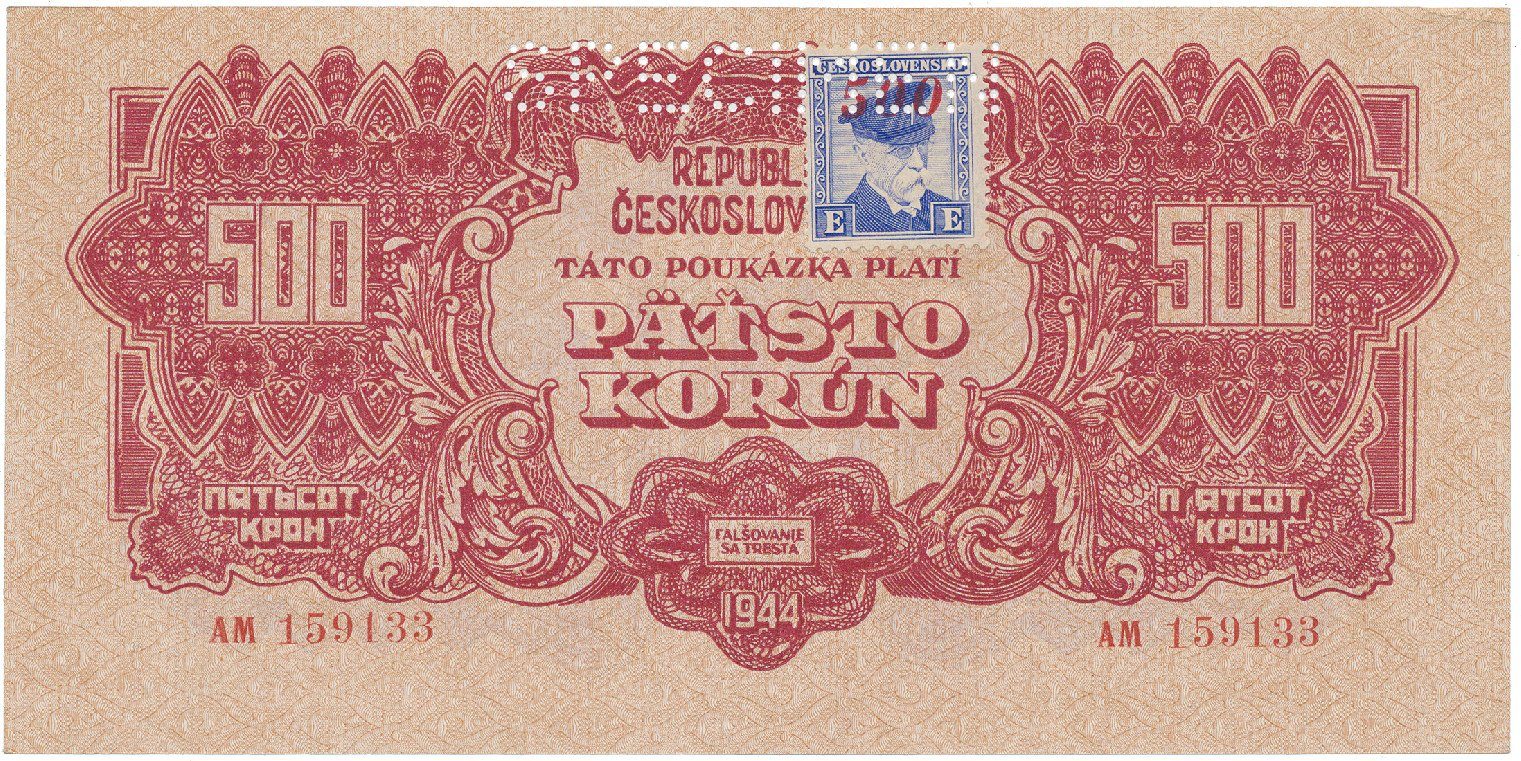 Československo, 500 Koruna 1944/1945, kolkovaná, perf. 1x SPECIMEN nahoře, Hej.67a.S1