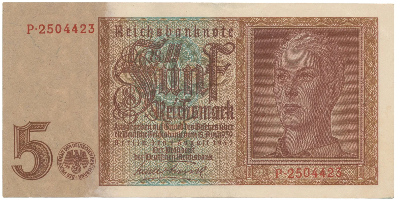 Německo, 5 Reichsmark 1942, 7-místný číslovač, Hej.D1a