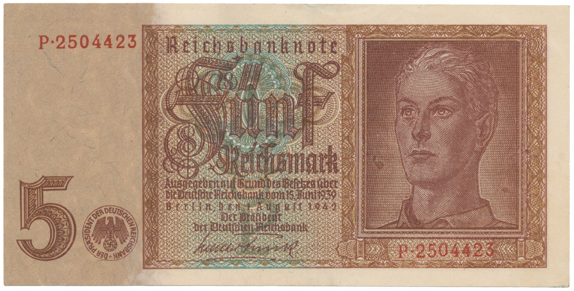 Německo, 5 Reichsmark 1942, 7-místný číslovač, Hej.D1a