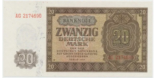 Německo - NDR, 20 DM 1948, tisk NDR (1952), 7-místný číslovač, Ros.344d