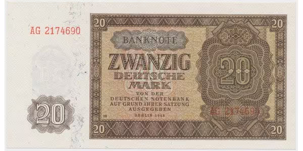 Německo - NDR, 20 DM 1948, tisk NDR (1952), 7-místný číslovač, Ros.344d
