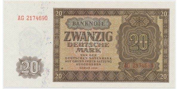 Německo - NDR, 20 DM 1948, tisk NDR (1952), 7-místný číslovač, Ros.344d